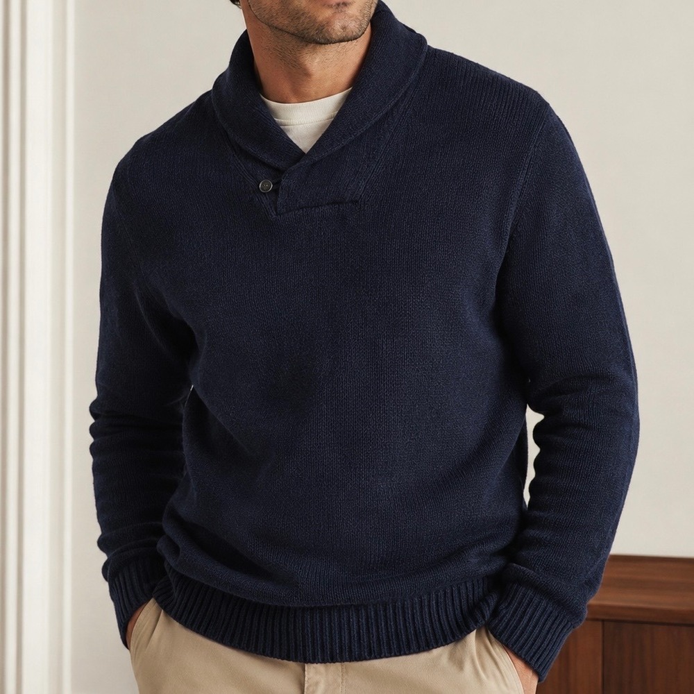 Chaps Shawl Collar Sweater Mens XL Navy Cotton Pullover Grandpa Coastal Preppy